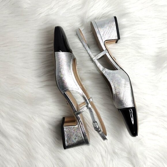 Sam Edelman Tarra Slingback Pump Heels Cap Toe Metallic Silver Black 9.5 - Picture 11 of 15